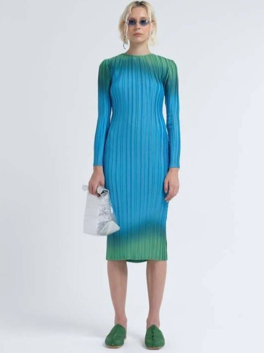 Arthur Apparel Box Pleat Midi Dress Size 4 Futuristic Ombre Cyberpunk Festival